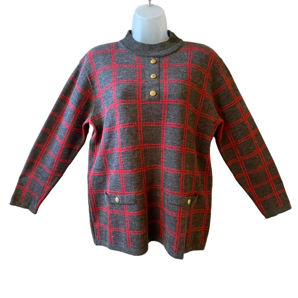 VINTAGE 80s ADOLFO Collectibles Mod Plaid Knit Tunic Top Size Med